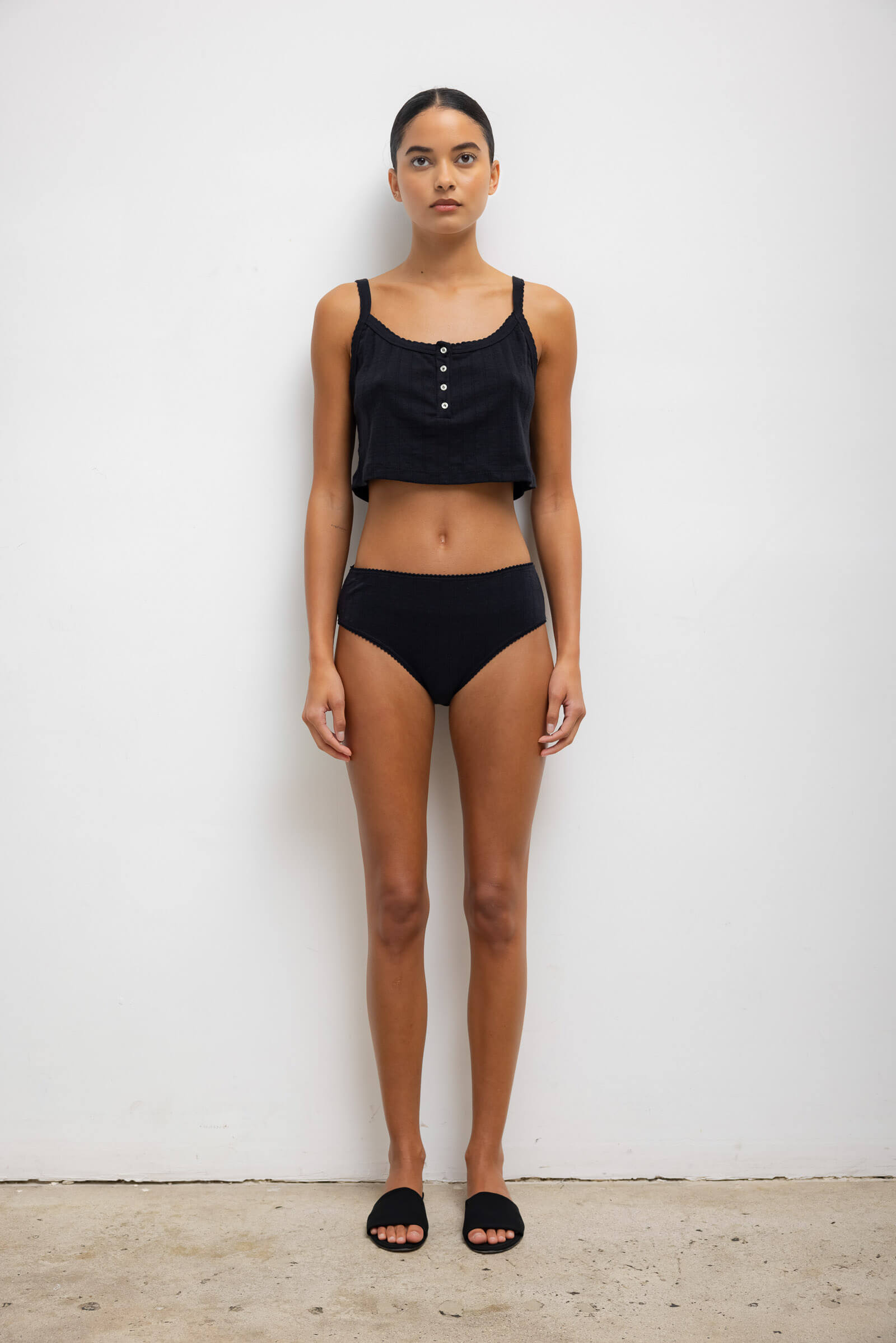 Pointelle Crop Button Scoop Neck Tank